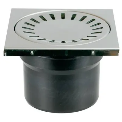 A floor drain with a stainless steel frame and a black plastic base.