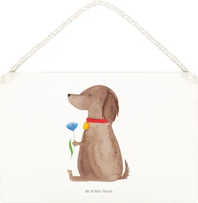Produktbild von Mr. & Mrs. Panda Schild Hund Blume DIN A5 - Weiß - Geschenk, Wandbild Holz, Sprüche, Holzschild, Süß, Hundeliebe, holzbild, Türschild, Hunde, wandtafel