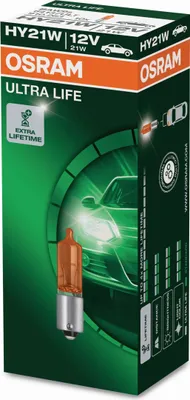 A product box for OSRAM Ultra Life HY21W 12V 21W automotive light bulbs.