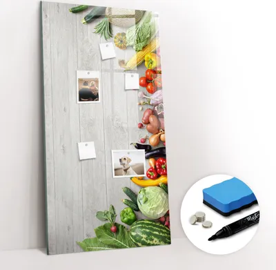 Produktbild von Magnetpinnwand Memoboard - Zubehörsatz - Schwarzer Marker + Schwamm + Magnete - 60 x 120 cm - Gemüse auf Holz
