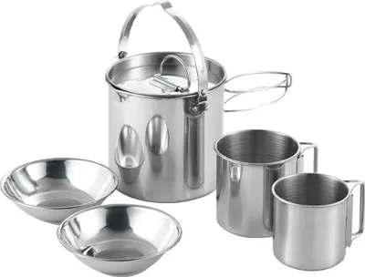 Zdjęcie produktu dla 5-częściowy zestaw naczyń kempingowych do użytku na zewnątrz, przenośne naczynia piknikowe, stal nierdzewna, naczynia podróżne, akcesoria kuchenne