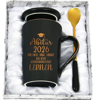 Image de Tasse à café "Abitur 2026", cadeau, 400 ml, noire, en céramique, avec cuillère et couvercle