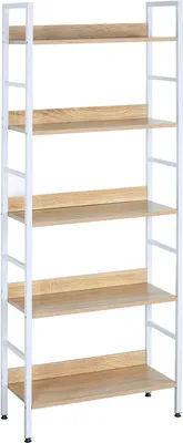 A tall, freestanding bookshelf with a white metal frame and light wood shelves.