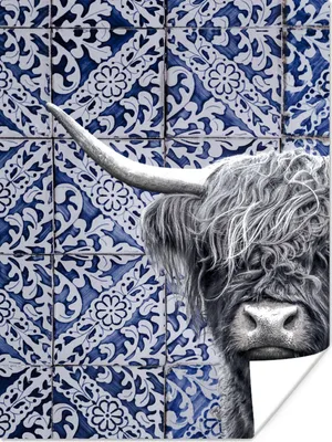 Produktbild von MuchoWow® Poster Schottischer Highlander - Delfter Blau - Schwarz - Weiß 30x40 cm - Wandplakat - Poster Kinderzimmer
