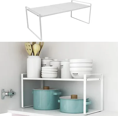 Obrázek produktu pro Teleskopický regál pod dřez, nastavitelná délka (36–60 cm), regál do kuchyně, kanceláře, koupelny, bílý (36–60 × 21 × 18 cm)