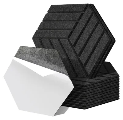 Produktbild von Vigevee Akustikpaneele Filz Selbstklebend 12 Stück, Sechseck 15 cm Schallabsorber Wandpaneele 0,9 cm, Streifenmuster, Schwarz