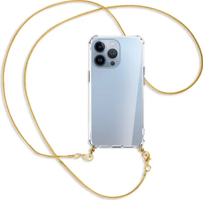 Produktbild von Handykette Backcover-Schutzhülle mit Band (Metall goldfarben) für Apple iPhone 13 Pro Max - goldfarbene Kette Snake