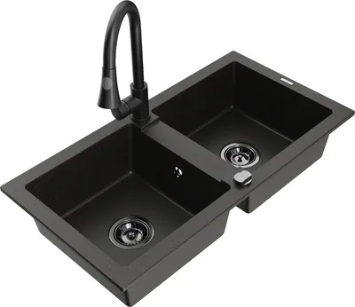 Produktbild von Mexen Mario 2-Becken-Granitspüle mit Mischbatterie Elia, Schwarz/Gold metallisch - 6504-75-670101-70-B