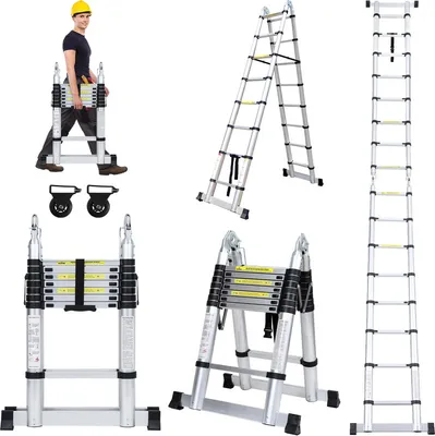 Produktbild von Jopassy Teleskopleiter Ausziehleiter Klappleiter Stabil Aluminium Stehleiter 2,5m+2,5m Silber ohne haken Mit Stabilisator Mit Rädern