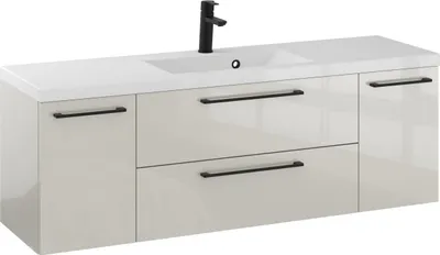 Produktbild von FURNI Waschtischunterschrank RON 140 cm - Kaschmir - Hängender Badschrank mit Mineralguss - Waschbecken - Griffe Schwarz matt - Vormontiert