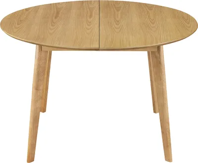 A round, extendable dining table made of oak wood, shown from the front on a white background.