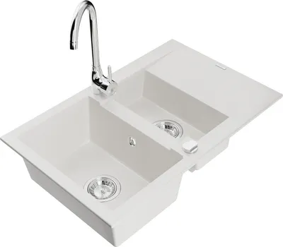 Produktbild von Mexen Gaspar 1,5-Becken-Granitspüle mit Abtropffläche und Mischbatterie Telma, Weiß - 6507-20-670200-00