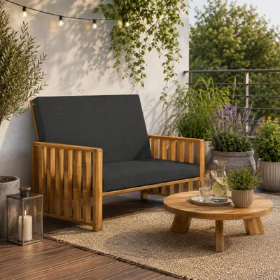 Produktbild von Möbae Solena Gartensofa Goldene Eiche 80x132x92 cm mit graphitfarbenen Kissen aus Kiefernholz Holzsofa für Terrasse Balkon Garten moderne Gartenmöbel