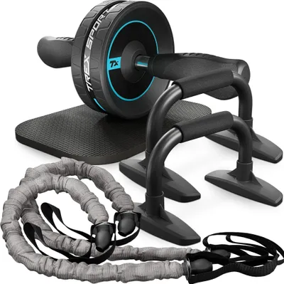 Produktbild von TREX SPORT Bauchroller Set 4in1 TX-010WSB | AB Roller Bauchtrainer für Zuhause, Liegestützgriffe Push-Up Griffe, Expander 7–10 kg, mit Kniematte, blau