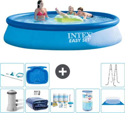 Produktbild von Intex runder aufblasbarer Easy Set-Schwimmpool – 396 x 84 cm – Blau – inklusive Pumpe Sonnensegel - Wartungspaket - Filter - Bodenplane - Reinigungskit - Leiter