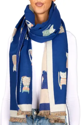 Produktbild von BRUBAKER Cashmirillo Damen Schal mit Katzen Muster - 70 x 200 cm - Warm und Kuschelig - Damenschal für Herbst und Winter, Blau
