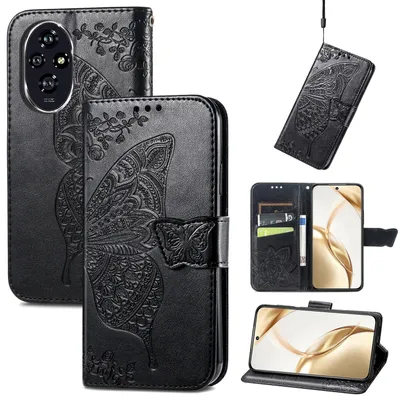 Produktbild von Für Honor 200 Kunstleder Wallet Handy Tasche Schmetterling Design Hülle Etuis Schwarz