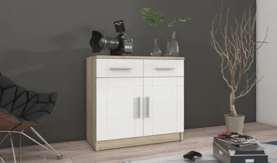 Produktbild von Kommode PARON II Weiß/Sonoma – Sideboard mit 2 Türen und 2 Schubladen – Wohnzimmerschrank für Wohnzimmer, Esszimmer und Flur