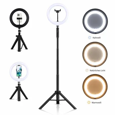 Produktbild von LED Ringlicht 10 Zoll mit Stativ 178 cm, 10000mAh Akku, Selfie Stick, 3 Lichtfarben, 10 Helligkeitsstufen, Handyhalter