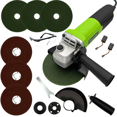 A collection of angle grinder accessories and parts, including the grinder itself, displayed on a white background.