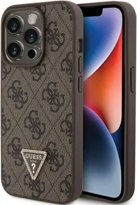 A close-up shot of a phone case with a repeating Guess logo pattern and a triangular Guess logo emblem.