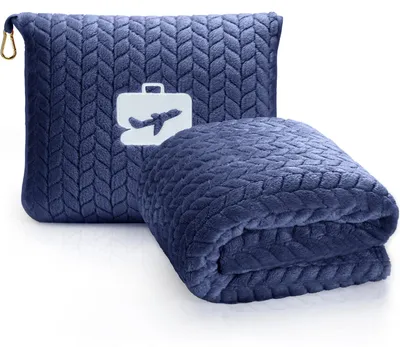 Produktbild von Premium Reise-Decke und Kissen - Weiche 2-in-1 Reisedecke mit Rucksackclip