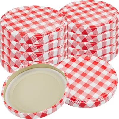 A stack of red and white checkered jar lids, with one lid shown from the side.