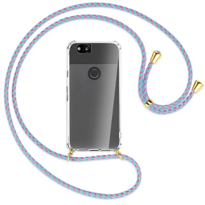Produktbild von Handykette Backcover-Schutzhülle mit Band (Metall goldfarben) für Google Pixel 2 - pink/mint
