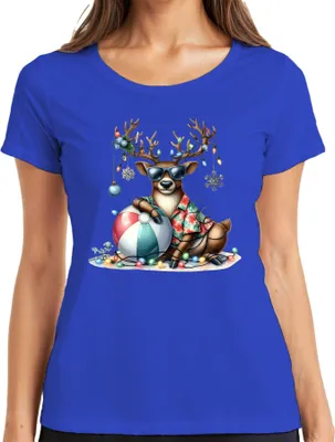 Immagine prodotto di Camicia hawaiana con occhiali da sole a forma di renna e palla da spiaggia con luci da donna, blu, 3XL