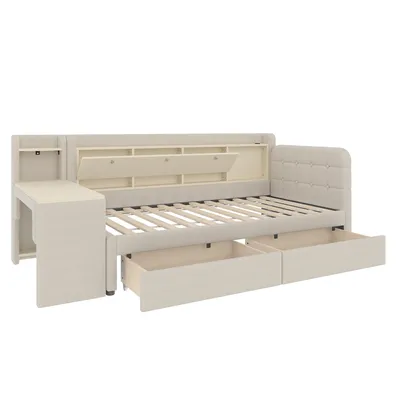 Produktbild von Stauraumbett mit Schreibtisch, 90x200 cm, Lattenrost, Regal, Schubladen, USB und Type-C Anschluss,  Einzelbett, Polsterbett, Leinen