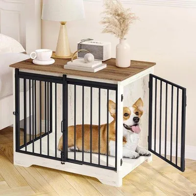 Produktbild von Hundebett / Hundebox – Sicheres Zuhause für Haustiere – Design mit Schiebetür – 81 x 55 x 675 cm – Weiß/Braun