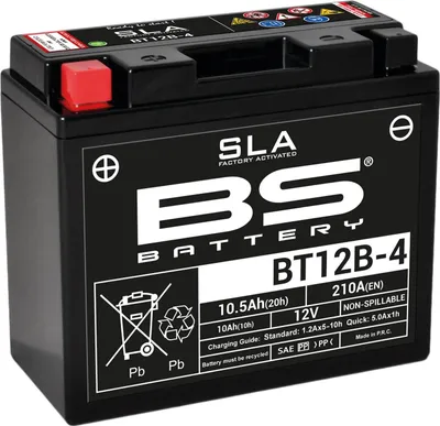 A black BS Battery SLA BT12B-4 battery with white and red lettering and symbols.