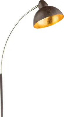 A floor lamp with a curved arm and a dome-shaped shade.