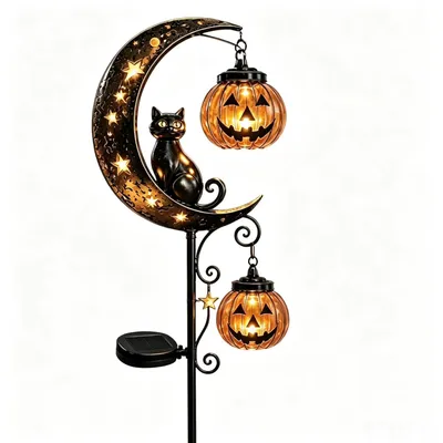 Zdjęcie produktu dla Lampa solarna na Halloween z motywem czarnej kotki, księżyca i dyni