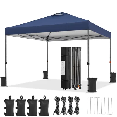 A blue pop-up canopy tent with its frame, carrying bags, sandbags, and stakes laid out on a white background.