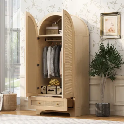 Produktbild von Kleiderschrank 70x55x170cm, Doppeltüren, Schubladen, Ablagefächer, Kunstrattan-Türen. Weiß