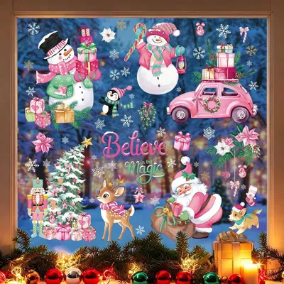 Image de Décorations de Noël pour fenêtres, motif hivernal rose, 9 pièces, autocollantes