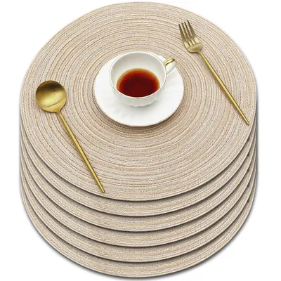 Produktbild von OKWISH 6er Set Tischsets Abwaschbar Rund, Platzsets Blau Geflochten, Schmutzabweisend, Hitzebeständig, Tischmatten, Platzdeckchen Abwaschbar,Cremeweiß