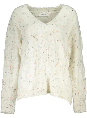Image de Pull en maille blanc pour femme, avec décolleté en V et détails contrastants.