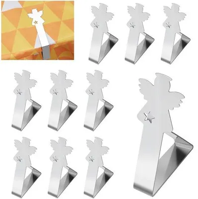 Immagine prodotto di Set di 10 fermatovaglioli in acciaio inossidabile Unyqoos®, design a foglia, adatti a tavoli con spessore fino a 4 cm, per tavoli rettangolari, rotondi e pieghevoli, ideali per interni ed esterni