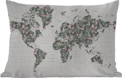 Produktbild von MuchoWow® Outdoor Kissen - Weltkarte - Pflanzen - Rosa - 60x40 cm - Wetterfest - Lounge Kissen - Zierkissen - Kissen für Innenräume