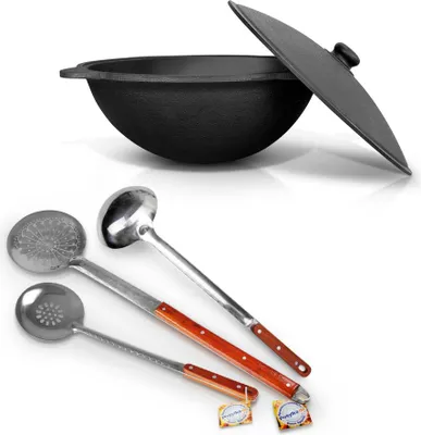 Produktbild von Gusseisen Kazan 22 L mit Aluminiumdeckel Uzbekisch Kochtopf Schaumlöffel Holzlöffel WOK Plov плов казан Kasan Feuerofen Plov Schöpfkelle