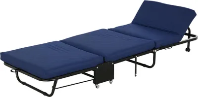 Produktbild von Klappbett 65x184 cm, Erwachsene Gästebett Klappbar mit 6 cm Dicker Schaumstoff, Reisebett mit Metallrahmen, Feldbett mit Rollen und höhenverstellbarem Kopfteil, bis 120 kg belastbar, Blau