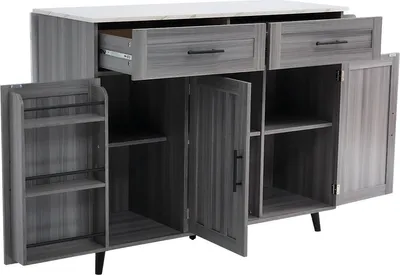 Immagine prodotto di Carrello da cucina - Isola da cucina con piano di lavoro estraibile - Cucina abitabile - Armadio - Per cucina o sala da pranzo - Marmo bianco e legno grigio kaki