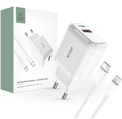 Zdjęcie produktu dla Ładowarka Tech-Protect C20W sieciowa USB-C PD 20W / USB-A QC 3.0 z kablem USB-C / Lightning - biała