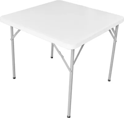 A white folding table with gray metal legs is shown from a slightly elevated angle against a white background.