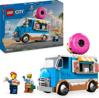 Produktbild von LEGO City Donut Truck Bauspielzeug 60452, ab 5 Jahren, 196 Teile, inkl. 2 Minifiguren (Verkäufer, Polizist), 12 cm hoch, 13 cm lang, 6 cm breit, mit Zuckerguss-Deko, riesigem Donut auf dem Dach, abnehmbarem Donut-Stand, Kaffeemaschine, Kasse, 4 Donuts, 2 Becher