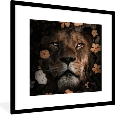Produktbild von MuchoWow® MuchoWow® Gerahmtes Poster Blumen - Löwe - Dschungel 40x40 cm - Poster mit zchwarzem Bilderrahmen - Poster - Plakat im Rahmen