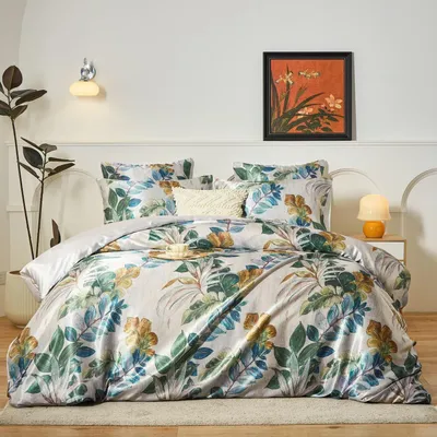 Obrázok produktu pre Sada posteľnej bielizne 220x240 cm, zelené rastlinné motívy, vintage štýl, 3-dielna s zipsom a 2 vankúšovými obliečkami 80x80 cm