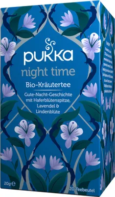 A box of Pukka Night Time herbal tea with a floral and decorative design.